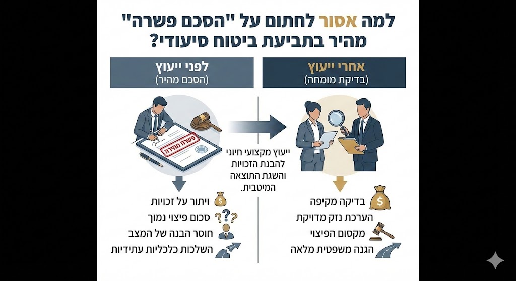למה אסור לחתום על "הסכם פשרה" מהיר לפני שמומחה זכויות עבר על התיק?
