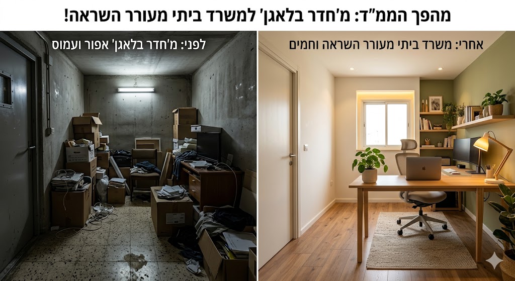 חדר הממ"ד - מ"חדר בלאגן" למשרד ביתי מעורר השראה: איך להכניס חום, תאורה נכונה ופונקציונליות לחדר הכי אפור בבית.
